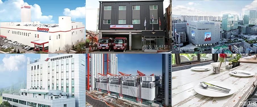 당산역 더클래스 한강 - 대형마트, 소방서, 쇼핑시설, 병원, 복합시설과 식탁 이미지를 배열한 콜라주