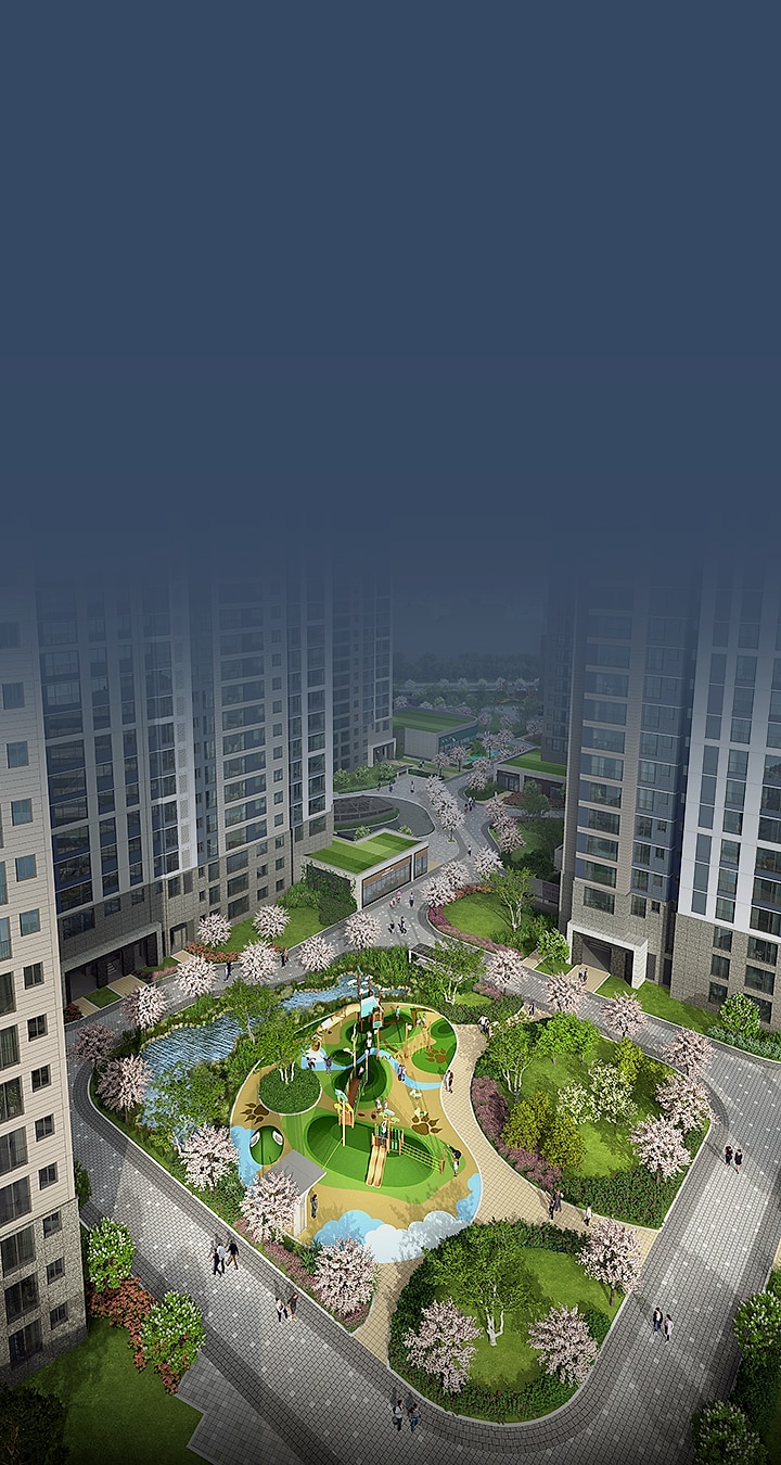 호반써밋 풍무Ⅲ - 아파트 동 사이 수경시설과 어린이놀이터, 산책로를 내려다본 세로형 이미지