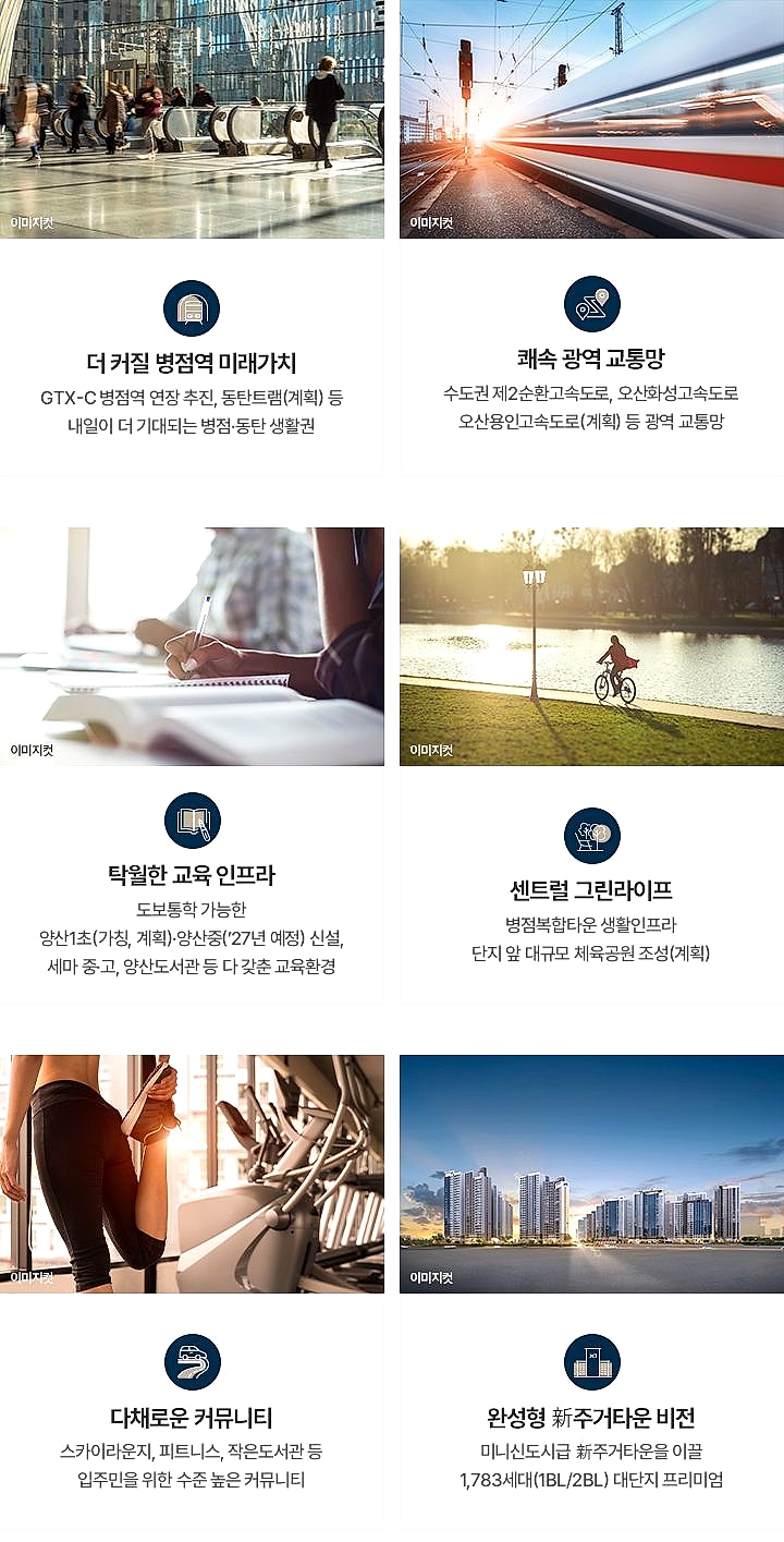 오산헤리티지자이 2단지 - 교통, 교육, 공원, 커뮤니티, 단지 규모 등 여섯 가지 장점을 사진과 문구로 정리한 세로형 안내 그래픽