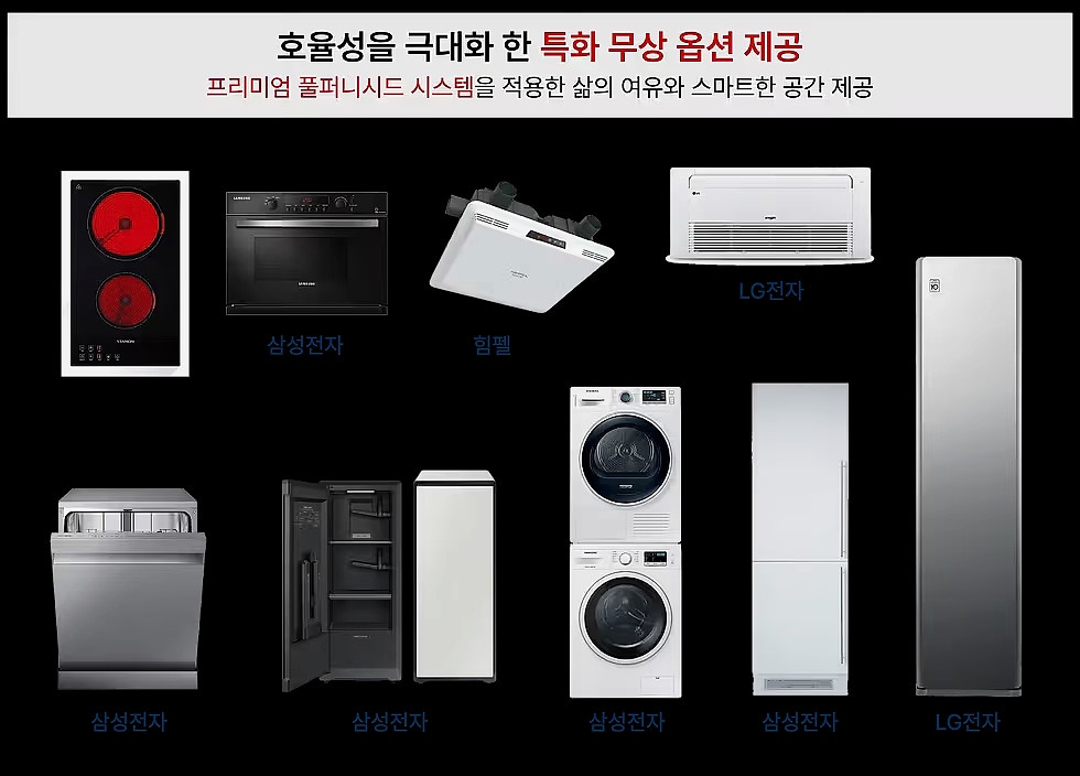 당산역 더클래스 한강 - 쿡탑, 오븐, 후드, 에어컨, 식기세척기, 냉장고, 세탁기와 건조기 등을 나열한 안내 이미지