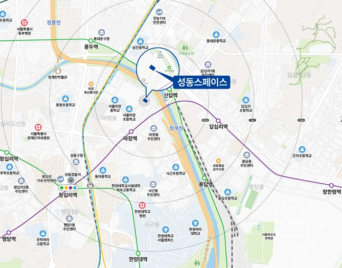 성동스페이스 서울 성동구 마장동 위치도와 주변 지하철역 학교 표기