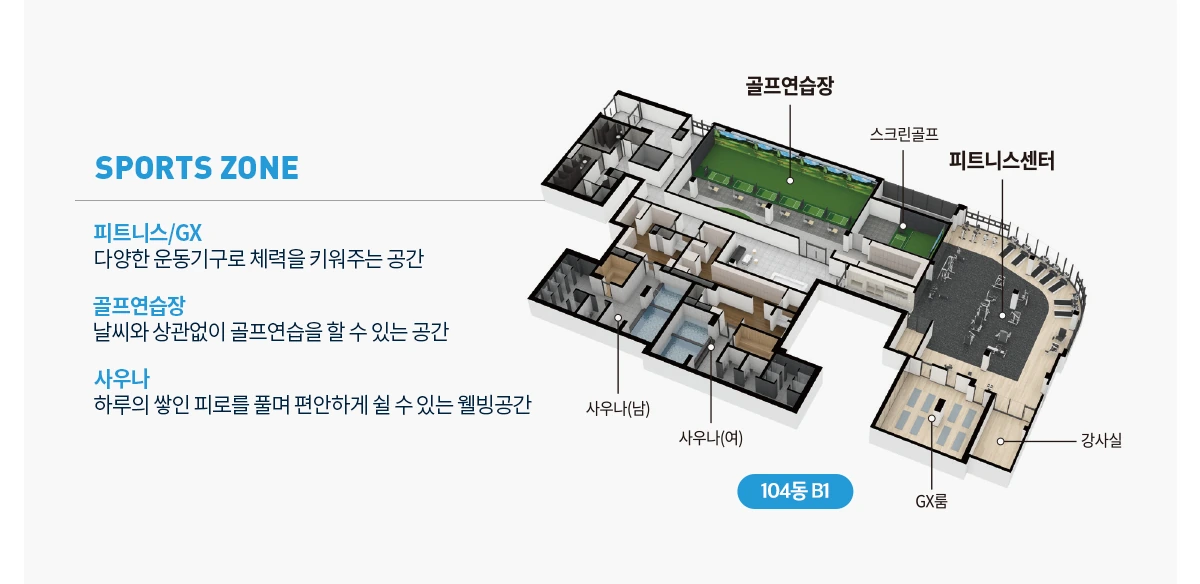 더샵 트리센트 피트니스 GX 골프연습장 사우나 스포츠존 배치도