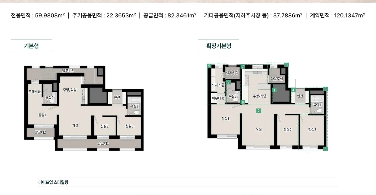 두정역 푸르지오 그랑피크 59A 타입 기본형과 확장기본형 공식 평면도