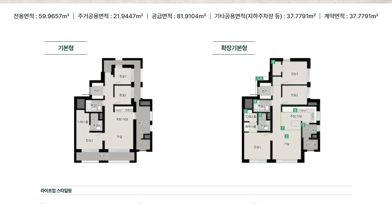 두정역 푸르지오 그랑피크 59B 타입 기본형과 확장기본형 공식 평면도