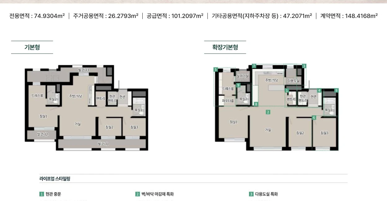 두정역 푸르지오 그랑피크 74 타입 기본형과 확장기본형 공식 평면도