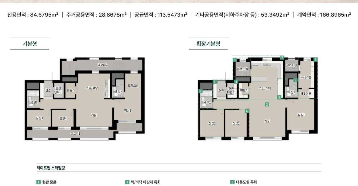 두정역 푸르지오 그랑피크 84 타입 기본형과 확장기본형 공식 평면도