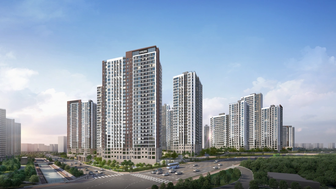청주 가경 아이파크 8단지 주동과 전면 교차로를 바라본 공식 외관 투시도