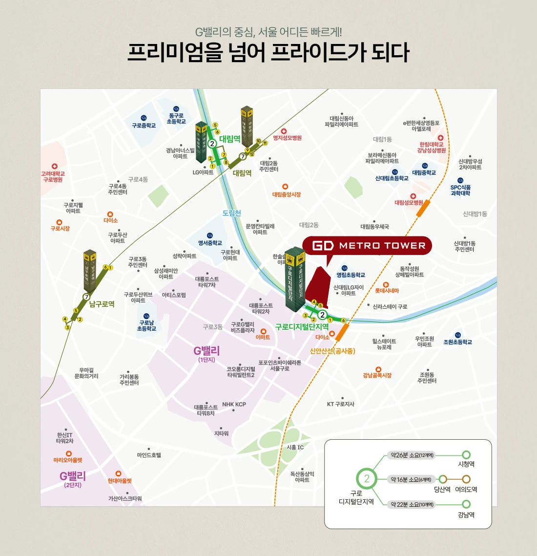 GD 메트로 타워와 대림역 구로디지털단지역 주변 교통 생활권을 표시한 공식 입지 안내도