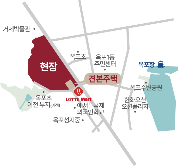 옥포동 현장과 견본주택, 거제대로의 상대적 위치를 구분한 방문 약도