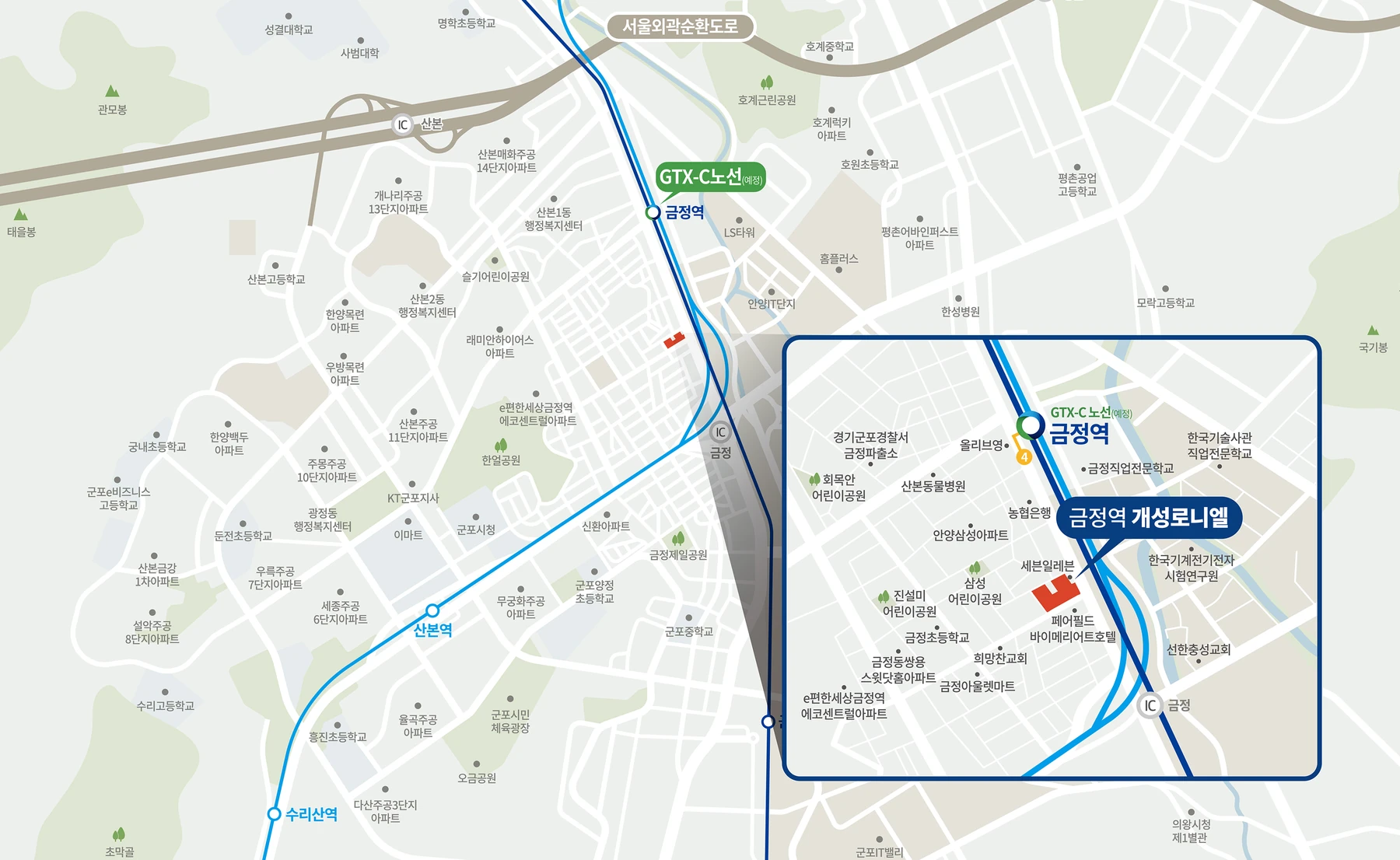 금정역과 산본역·수리산역, GTX-C 예정 노선, 금정역 개성로니엘(4차) 위치를 표시한 공식 입지도