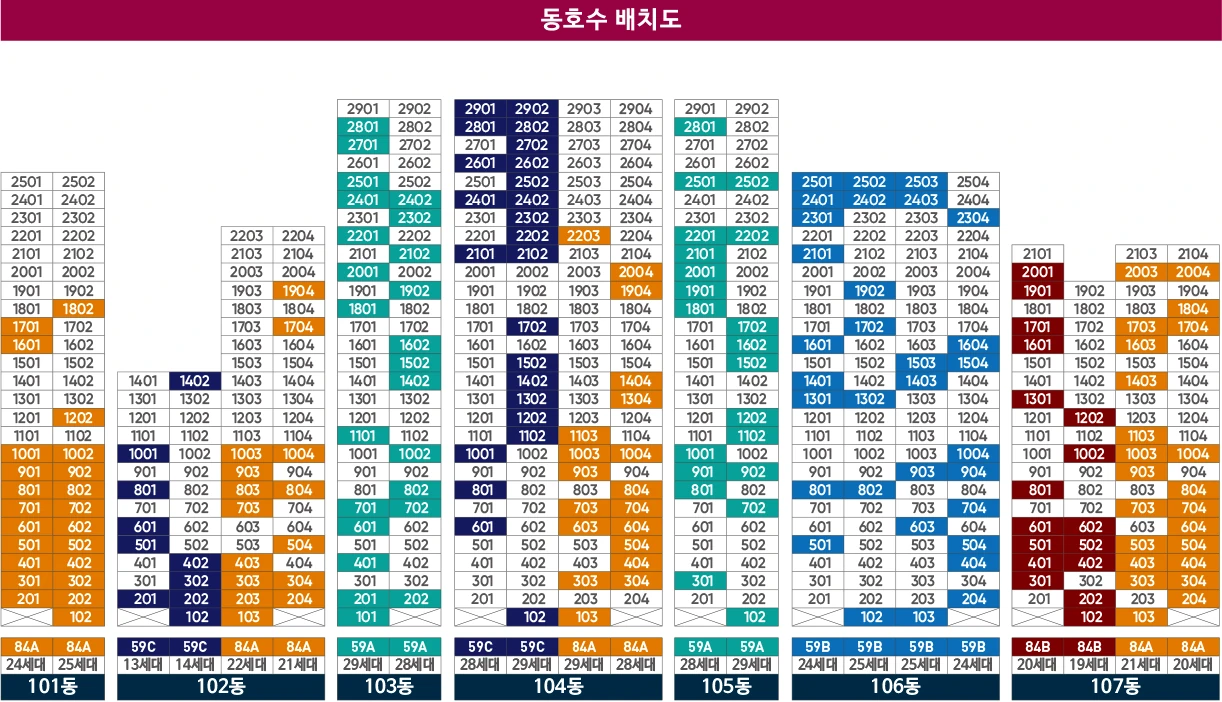 광안센텀 비스타동원 각 동과 층별 주택형 배치를 색상으로 구분한 공식 동호수 배치도