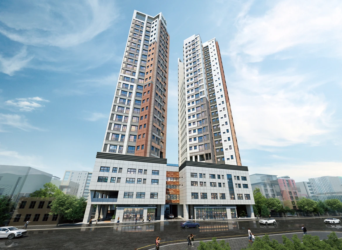 부산 연제구 연산동 연산 센텀 월드메르디앙 2개 동과 저층부 외관 투시도