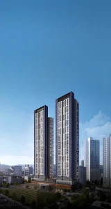 더샵 동인센트리체 고층 주동과 저층 상가 기단을 보여주는 공식 외관 투시도