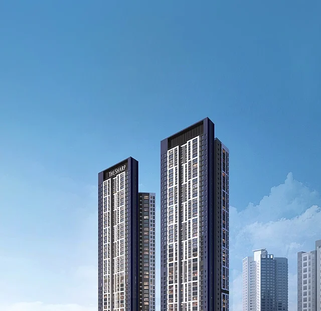 더샵 동인센트리체 고층 주동과 저층 상가 기단을 보여주는 공식 외관 투시도