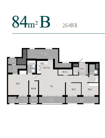 84B 주택형의 침실·거실·주방·팬트리 배치를 표시한 공식 평면