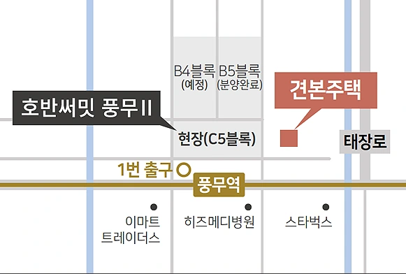 풍무역 주변 사업지와 사우동547-8 견본주택 위치를 구분한 약도