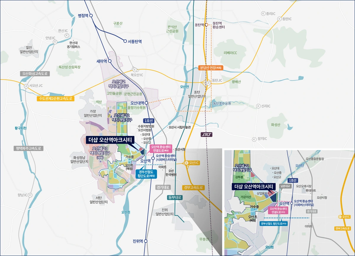 오산 세교2지구 M1블록과 오산역, 오산천 및 주변 교통시설을 표시한 공식 위치도